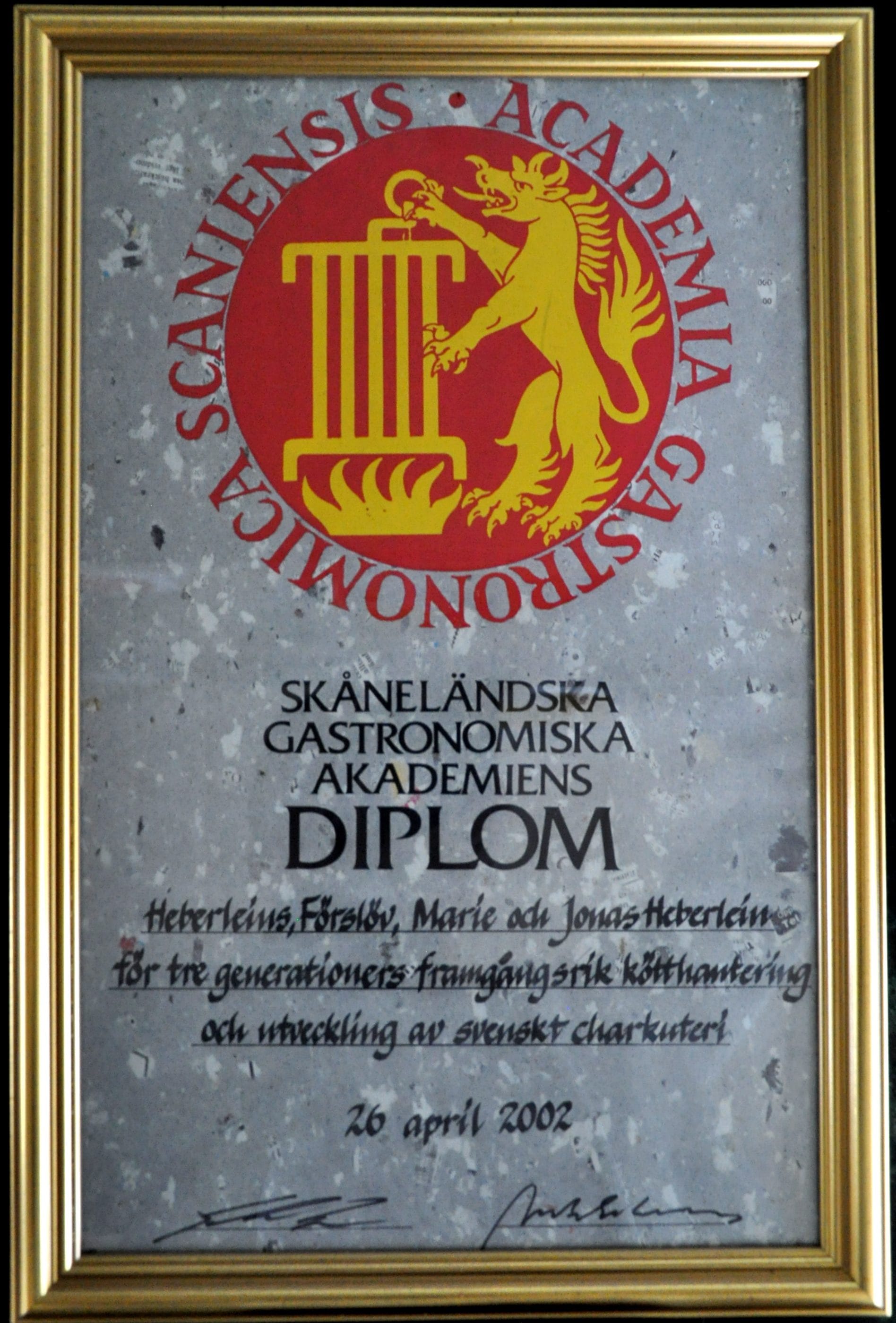 Bild 2. Diplom Skåneländska gastronomiska akademiens